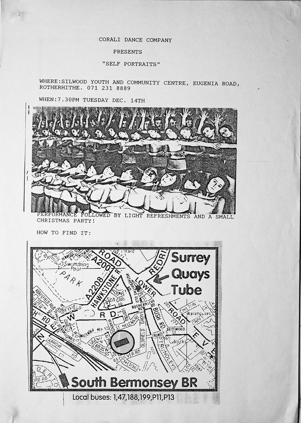 Poster for Wrapped Up About It, and Self Portraits 1993 by Corali Dance Company featuring a drawing maquette, a photograph of a group of ballet dancers with heads titled in one direction and a street map of Bermondsey